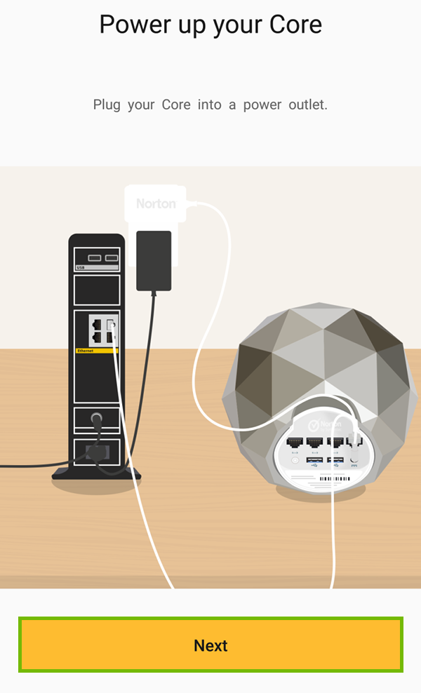 Power up Core router with Next highlighted.