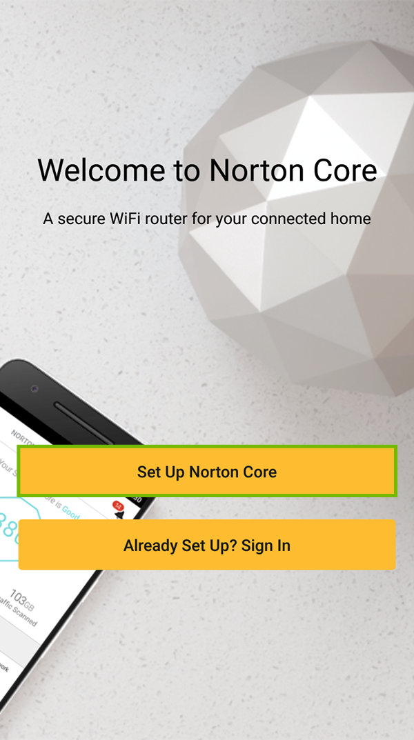 Norton Core welcome screen with Set Up Norton Core highlighted.