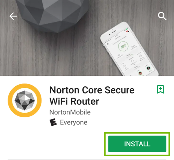Norton Core Secure WiFi Router app page with Install highlighted.