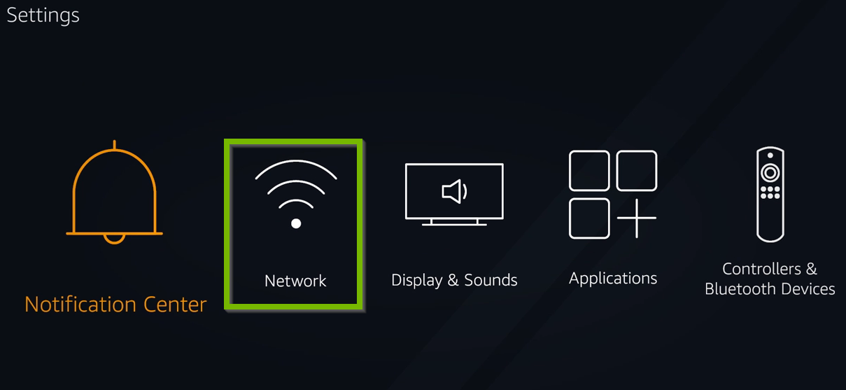 Settings menu with Network option selected. Screenshot.