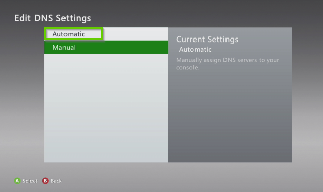 Xbox 360 edit dns settings with automatic highlighted