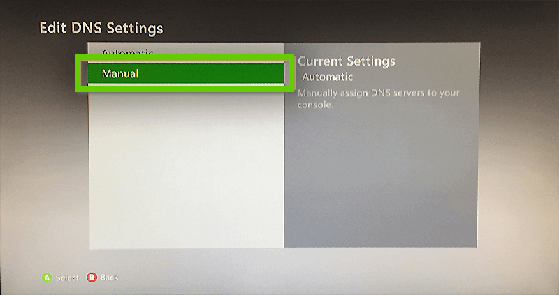 Xbox 360 edit dns settings with manual selected