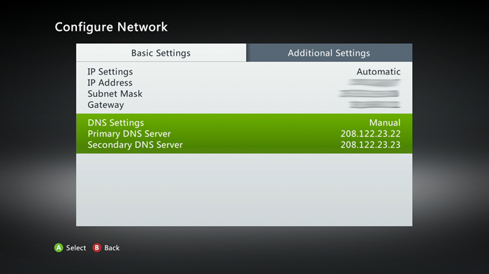 Xbox 360 configure network menu showing dns settings