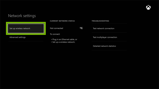 Xbox one network settings with set up wireless network selected.