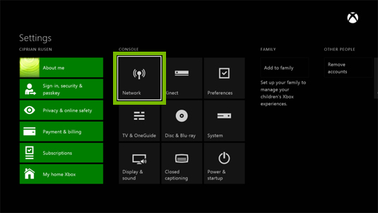 Xbox one settings menu with network highlighted.