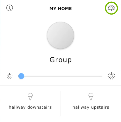 Settings icon highlighted in Ikea Tradfri app.