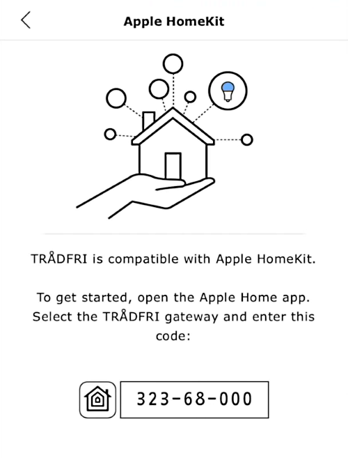 Ikea Tradfri connection code shown to connect to Apple HomeKit.