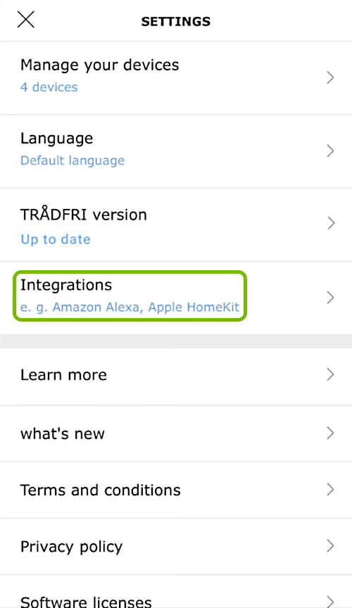 Integrations option highlighted in app settings.