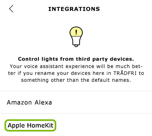 Apple HomeKit option highlighted in integration settings.