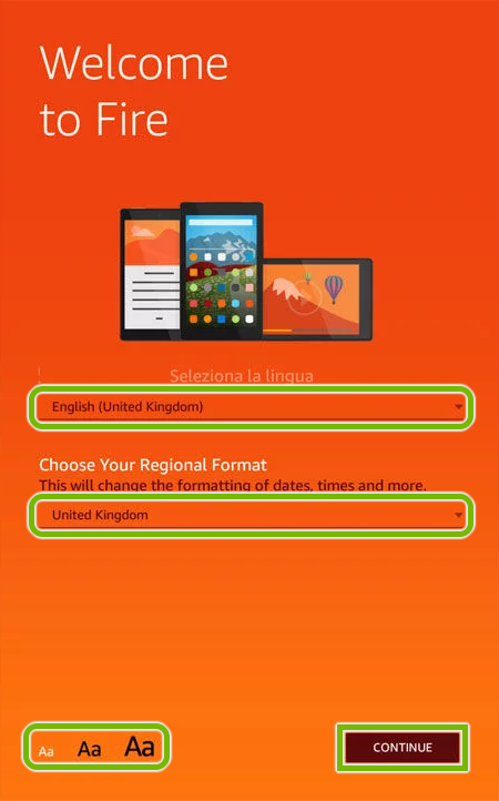 Welcome screen of Amazon Fire tablet initial setup.