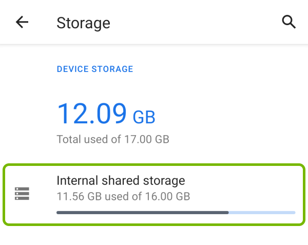 Internal shared storage highlighted in Storage settings on Android.