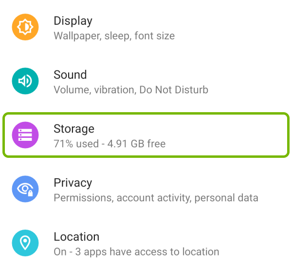 Storage option highlighted in Android settings.