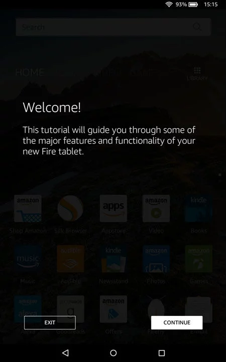 Welcome screen of Amazon Fire tablet tutorial.