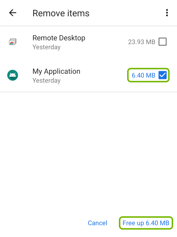 Check mark and Free up button highlighted in storage cleanup tool on Android.