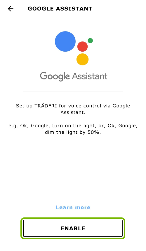 Enable option highlighted for Google Assistant in app settings.