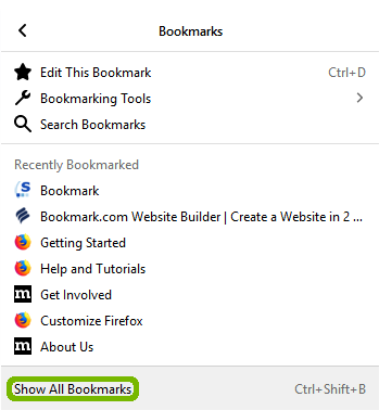 Bookmarks menu with Show all Bookmarks highlighted.