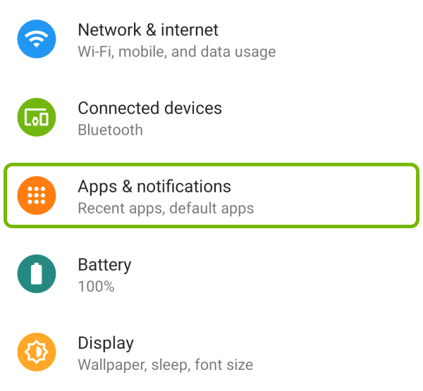 Apps & notifications option highlighted in Android settings.