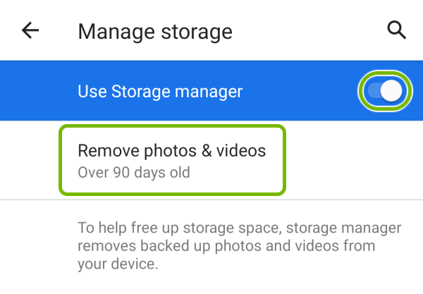 Toggle switch and Remove photos & videos option highlighted in Manage storage feature settings on Android.