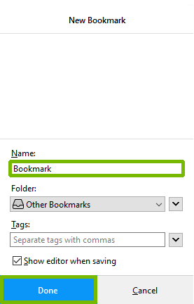 Firefox bookmark menu with Name and Done highlighted.