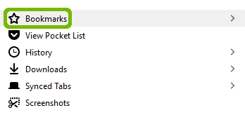 Library menu with Bookmarks highlighted.