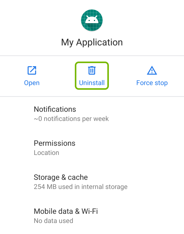 Uninstall option highlighted for selected app in Android settings.