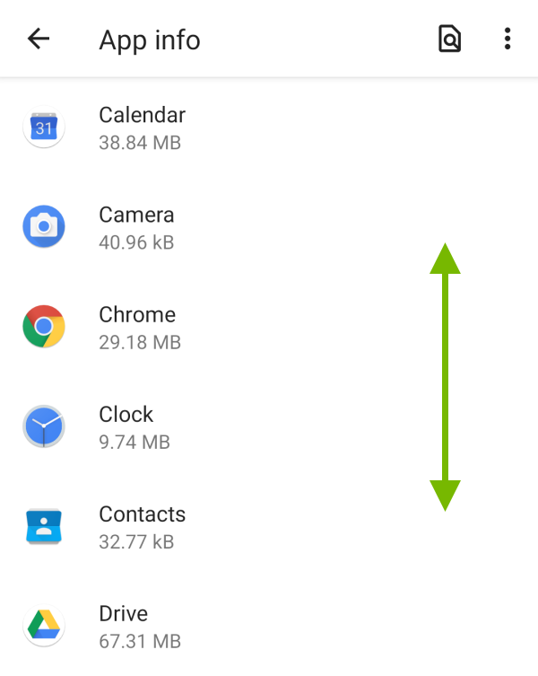 Double pointed arrow showing scroll direction in app list on Android.