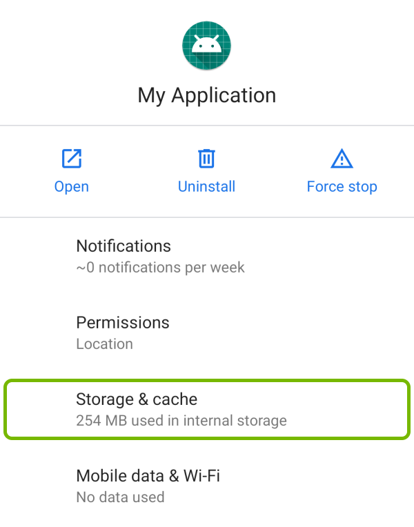 Storage & cache option highlighted for selected app in Android settings.