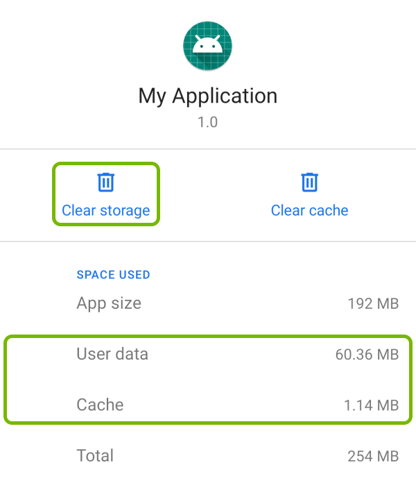 Clear storage option, User data and Cache size highlighted for selected application in Android settings.