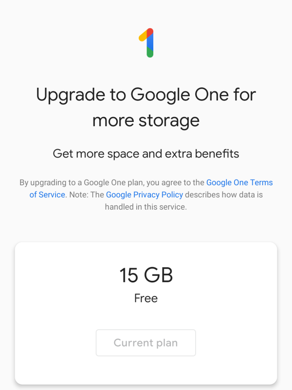 Current storage plan in Google account.