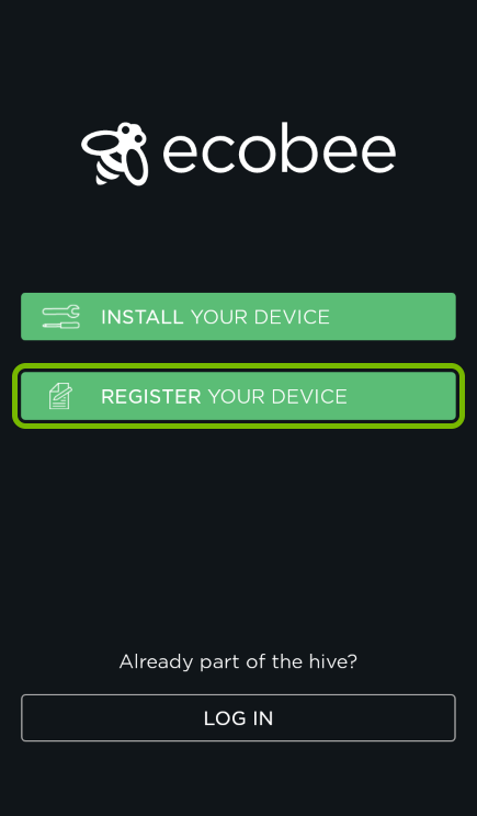 Register Your Device button highlighted in ecobee app.