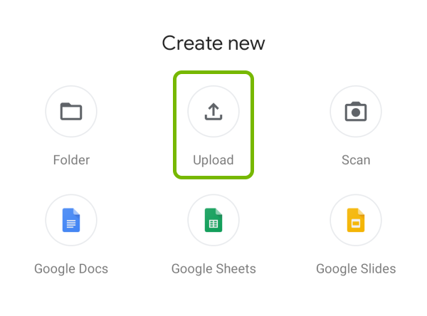 Upload option highlighted in Google Drive app on Android.