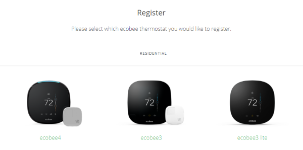 ecobee thermostat selection in web portal.