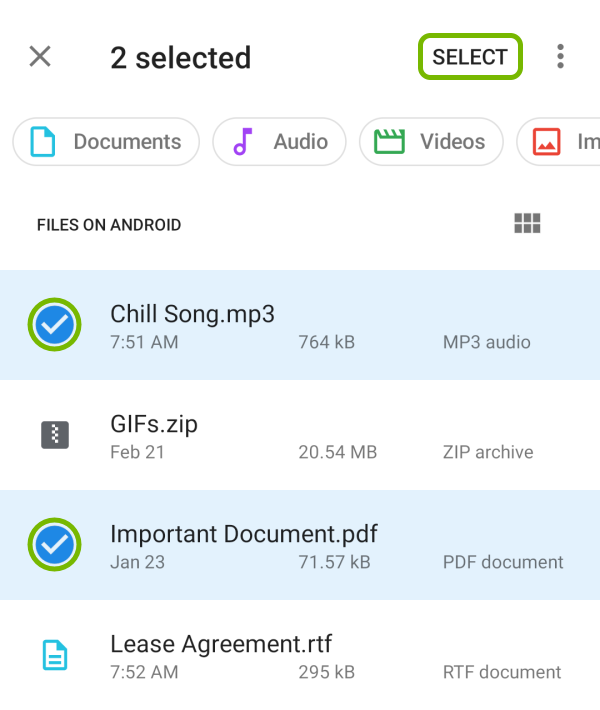 Check marks and Select option highlighted for selected files for upload to Google Drive app on Android.