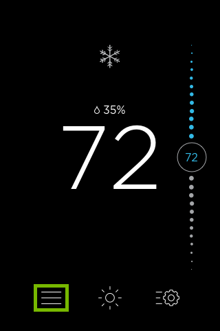 Menu icon highlighted on thermostat screen.