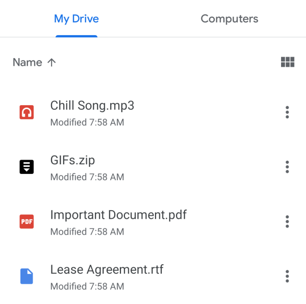 My Drive contents showing in Google Drive app on Android.