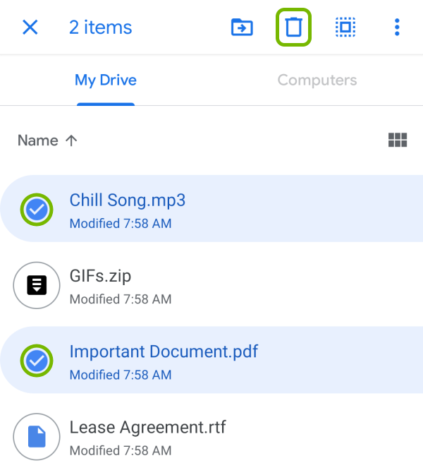 Check marks and Trashcan highlighted for selected files in Google Drive app on Android.