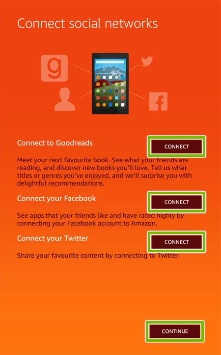 Social networks connection screen of Amazon Fire tablet initial setup.