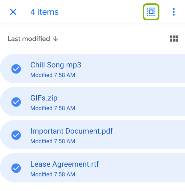 Select All button highlighted in Google Drive app on Android.