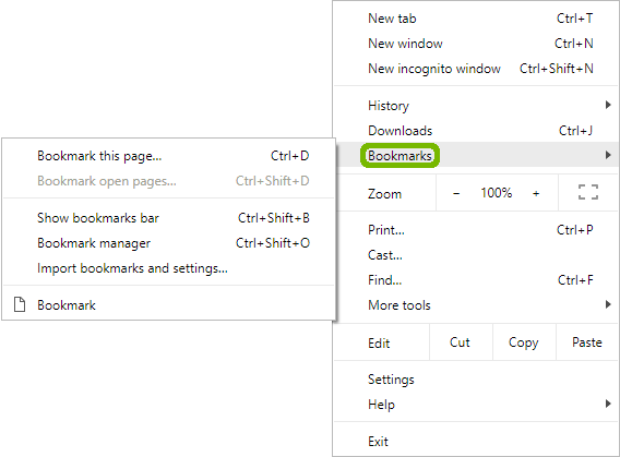 Chrome menu with bookmarks highlighted, showing bookmarks menu.