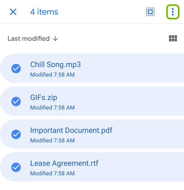 More icon highlighted in Trash folder of Google Drive app on Android.