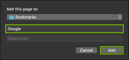 Naming a bookmark highlighting the add button.