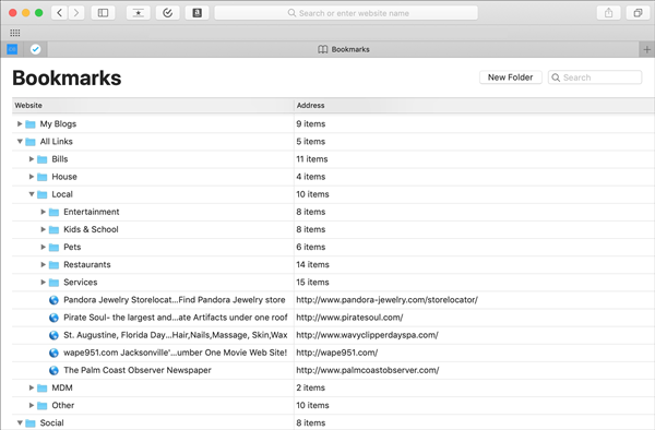 Safari bookmark page