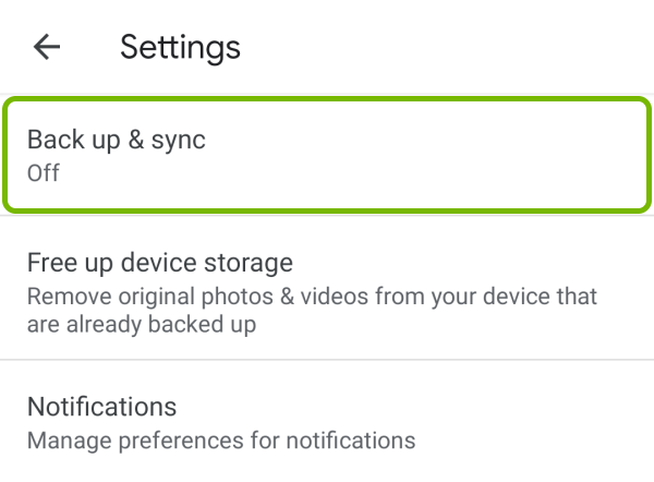 Back up & sync option highlighted in Google Photos app settings on Android.
