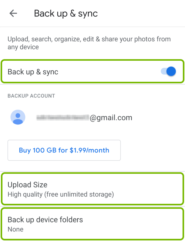 Back up & sync option and toggle switch, Upload Size option and Back up device folders option highlighted in Back up & sync settings of Google Photos app on Android.