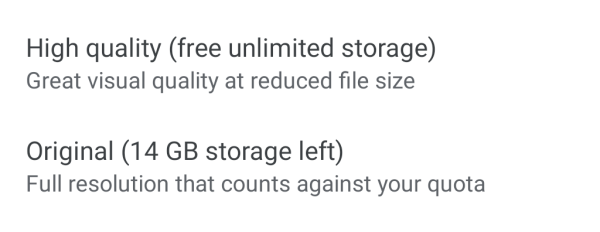 Upload Size options listed in Back up & sync settings of Google Photos app on Android.