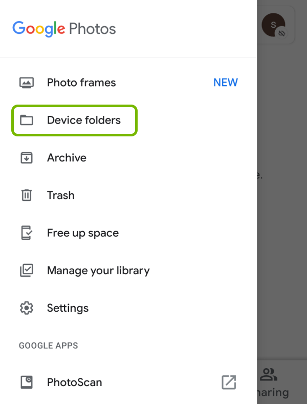 Device folders option highlighted in menu of Google Photos app on Android.