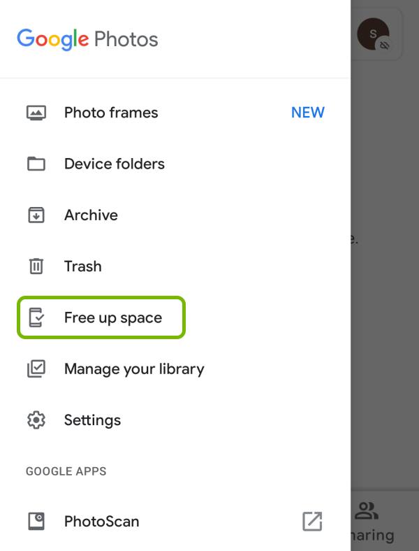 Free up space option highlighted in menu of Google Photos app on Android.