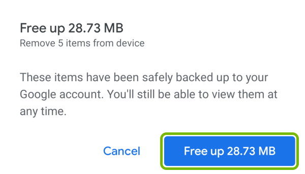 Free up button highlighted on confirmation prompt in Google Photos app on Android.