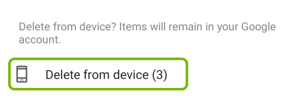 Delete from device option highlighted in pop-up menu for highlighted photos in Google Photos app on Android.