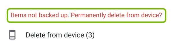 Items not backed up warning for highlighted photos in Google Photos app on Android.